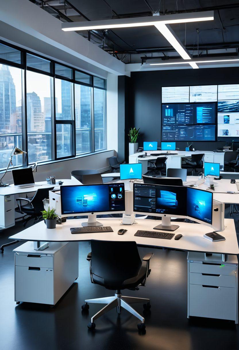 A futuristic office space with ergonomic furniture and advanced organizational tools, showcasing diverse employees collaborating using holographic screens and smart devices. The ambiance exudes productivity with vibrant colors highlighting creativity, while natural light floods in through large windows. Include elements like AI assistants and modular workstations. super-realistic. vibrant colors. modern design.