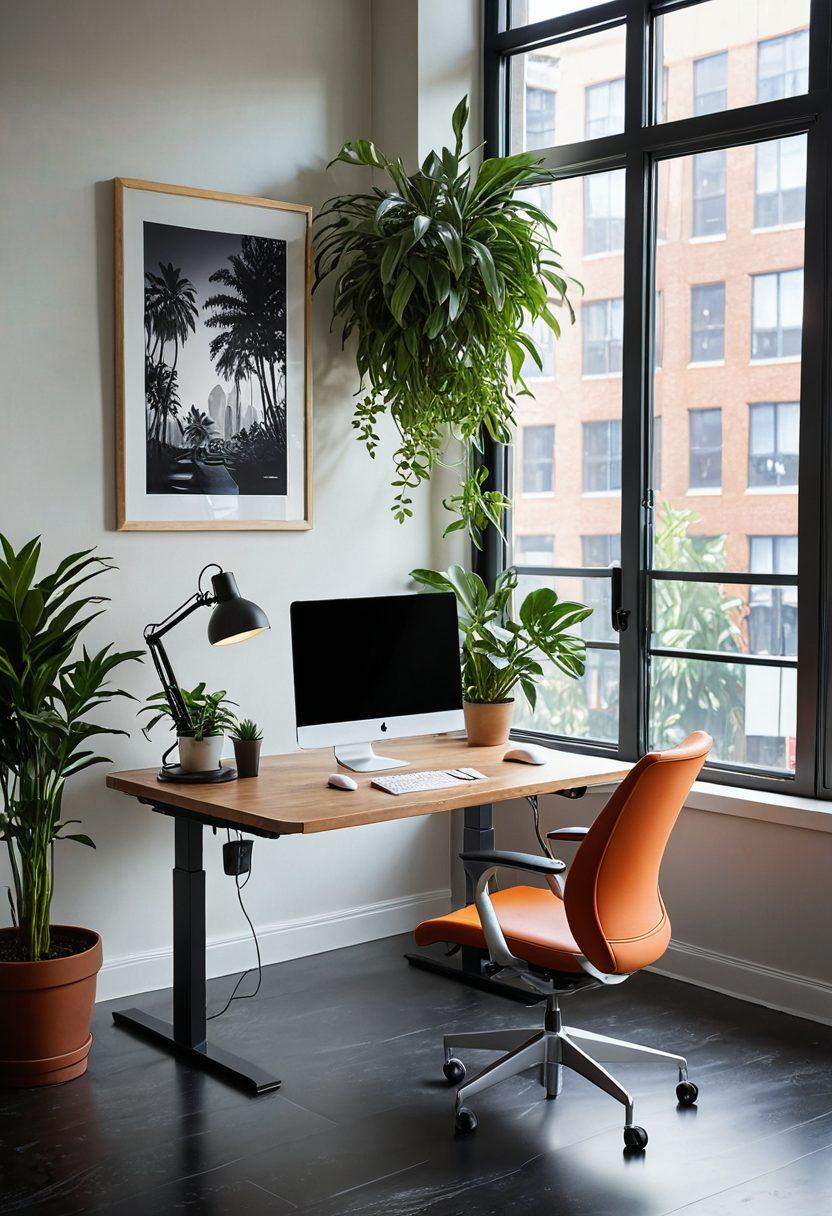 A sleek, modern workstation featuring innovative desk solutions, with a standing desk, integrated cable management, and ergonomic accessories, surrounded by vibrant indoor plants, natural light streaming in through a large window. The scene showcases a productive and inspiring workspace. super-realistic. vibrant colors. 3D.