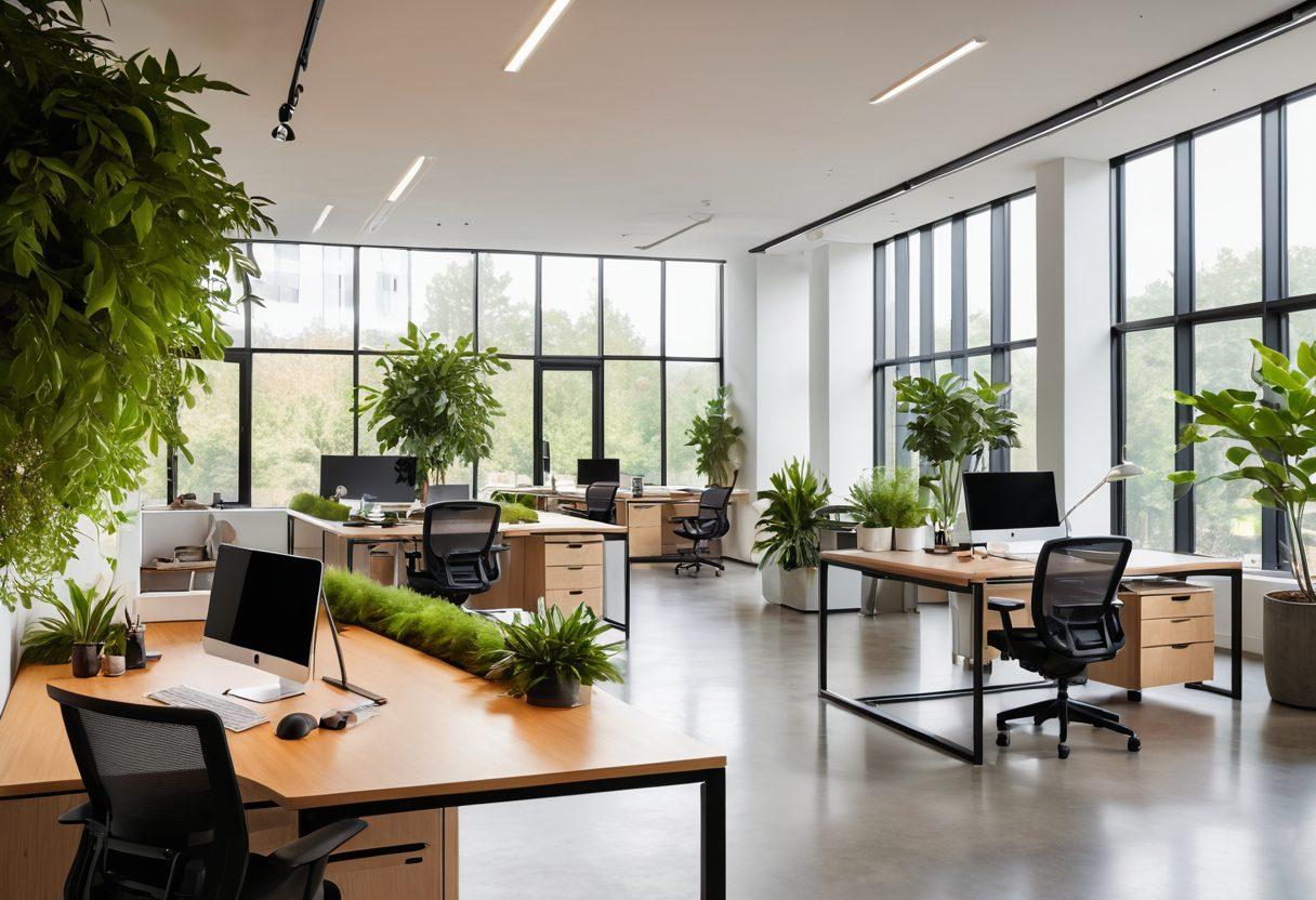A sleek, modern office space featuring the MT Desk, showcasing personalized workstations with ergonomic designs. Include greenery, natural light streaming through large windows, and employees collaborating in a dynamic environment. The design should emphasize productivity and comfort with vibrant colors and technological elements integrated seamlessly. super-realistic. vibrant colors. sunlight emphasis.